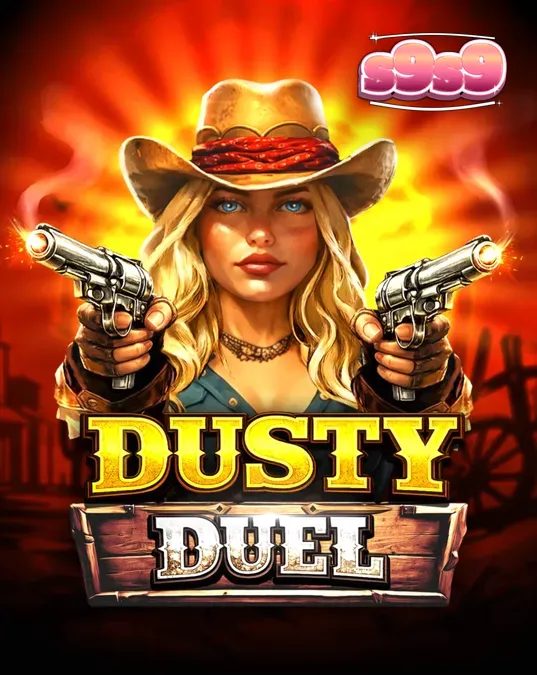 Tampilan visual slot Dusty Duel dengan tema Wild West dan silinder revolver sebagai pengukur multiplier.
